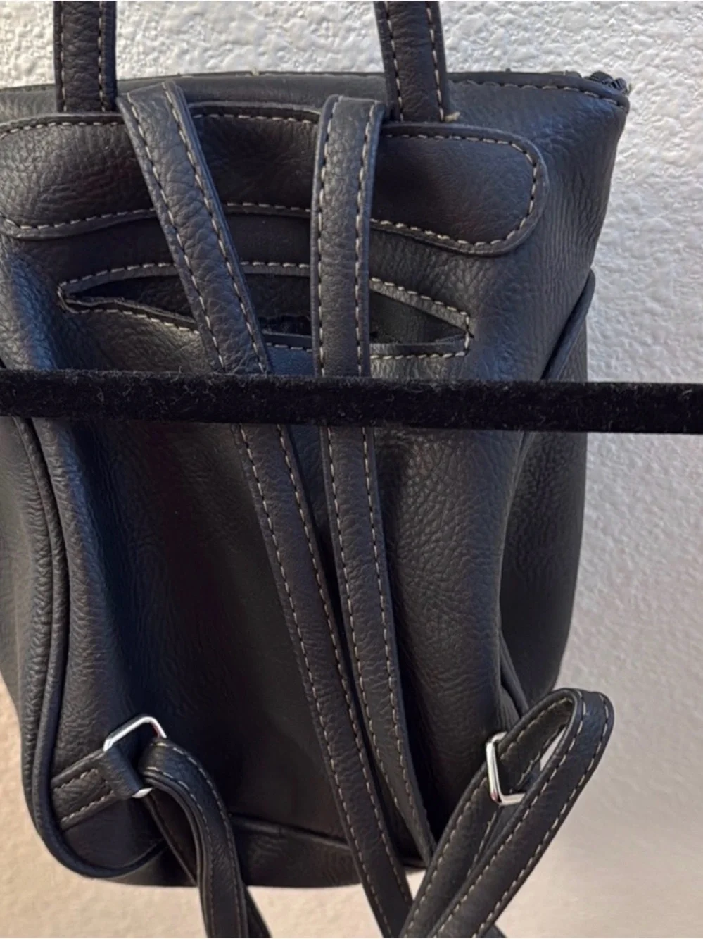 MultiSac Black Faux Leather Mini Backpack Multi Pocket Travel Bag
